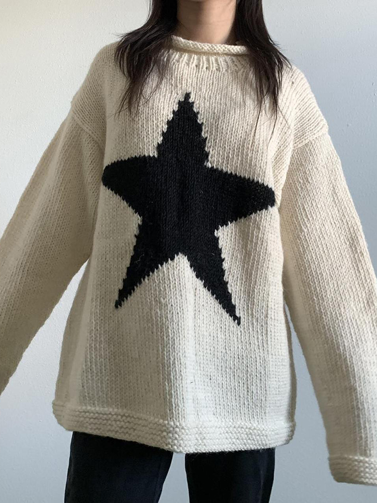 Sunny y.j. Star Pattern Oversized Knitted Long Harajuku Pullovers Women Winter Jumpers Korean Sweatshirts Full Sleeve Sweaters alx