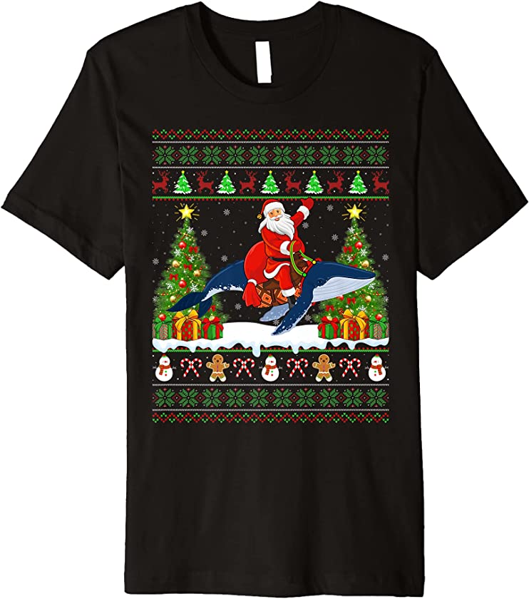 Blue Whale Lover Ugly Santa Riding Blue Whale Christmas Premium T-Shirt