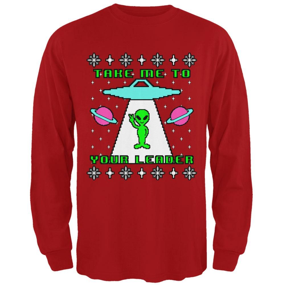 Alien Take Me To Your Leader Ugly Christmas Sweater Mens Long Sleeve T Shirt Red X-Lg