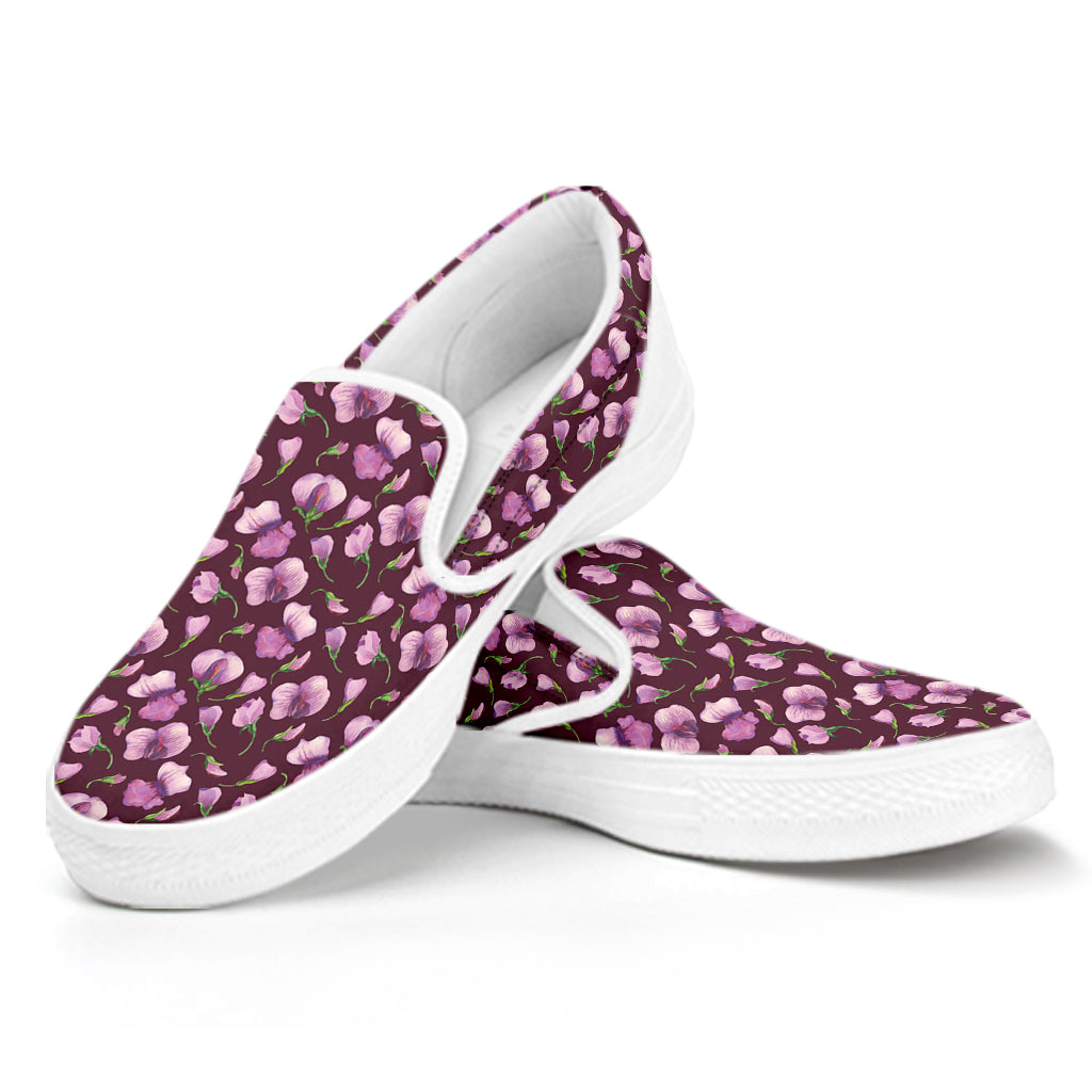 Watercolor Sweet Pea Pattern Print White Slip On Shoes