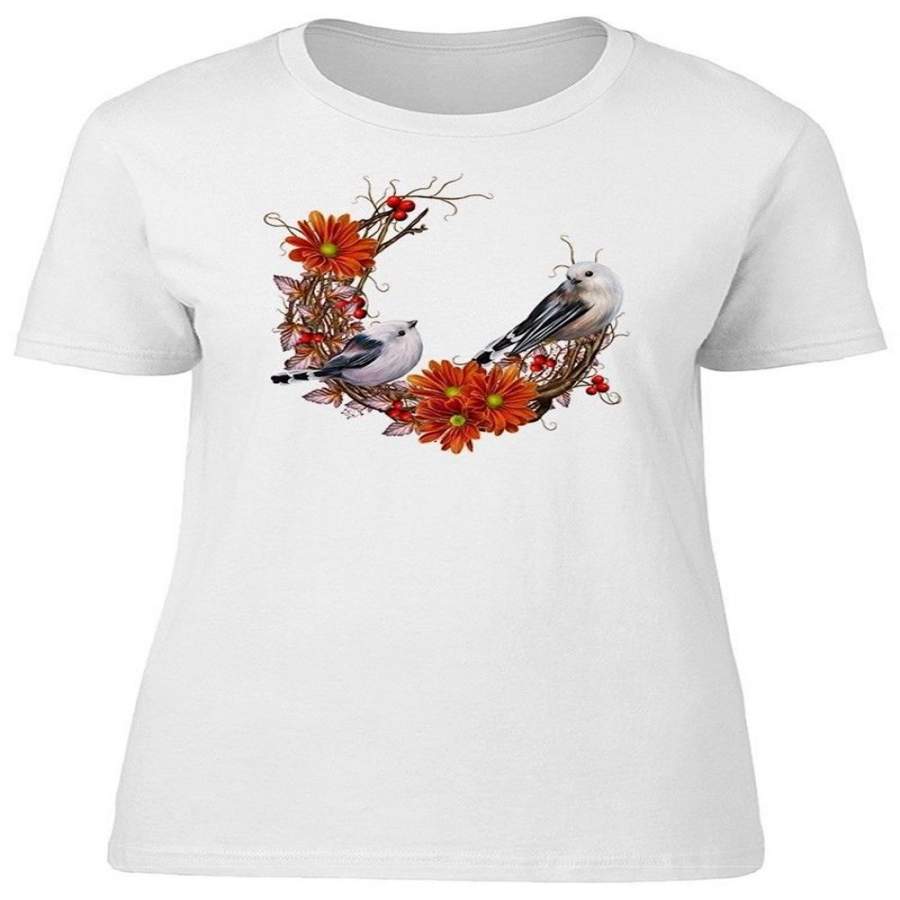 Cute Birds Autumn Floral Wreath Women’S Tee Womens Fashion Tshirt