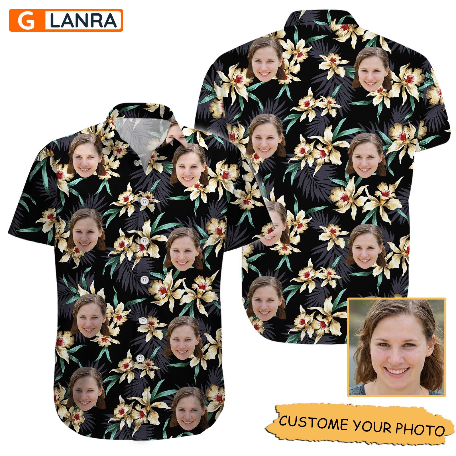 Personalized Flowers Palm Leaves Button Shirt, Custom Face Flower Button Shirt, Palm Leaf Button Shirt, Summer Tropical Hawaiian Shirt