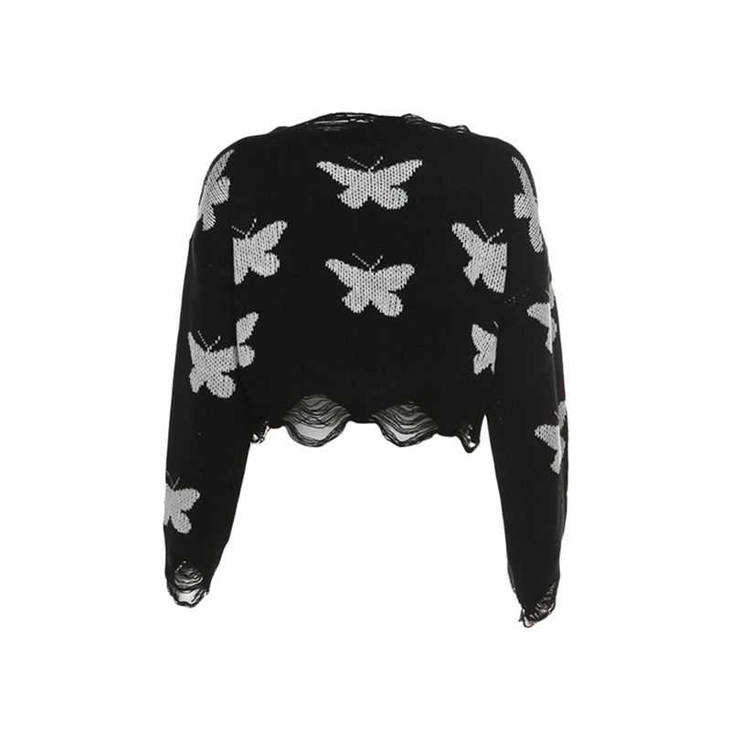 Xingqing Sweater Crop Top for Women Butterfly Print Round Neck Long Sleeve Knitted Clothes Autumn Winter Pullovers Streetwear alx