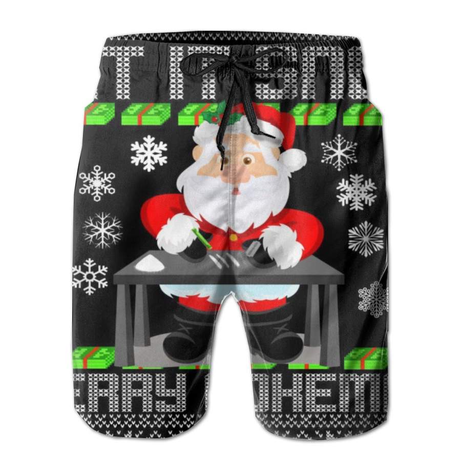 2 Pack Let It Snow Merry Cokemas Santa Claus Ugly Christmas Poster Men Swim Trunks Drawstring Elastic Waist Quick Dry Beach Shorts with Mesh Lining Swimwear Bathing Suits