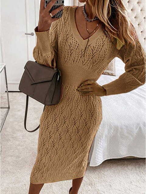 Sweater Dress Women Elastic Long Sleeve V Neck Elegant Dresses Beige Autumn Hollow Out Midi Party Fashion Long Knitted Sweater alx