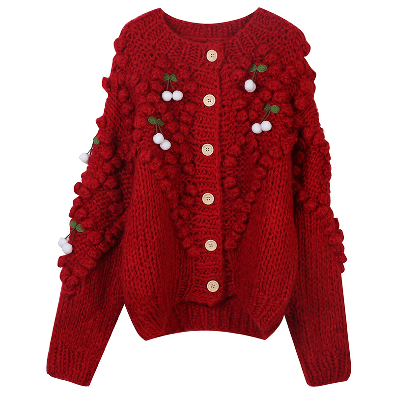 2022 2023 Autumn Winter Clothes Red Cherries Fruit Crochet Cardigan Aesthetic Sweater Knitwears Coat Christmas New Year Party alx