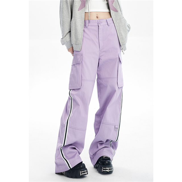 Women Bottoms Purple Overalls Fashion Vintage High Waist American Baggy Straight Pants Oversized Autumn New Wide Leg Trouser alx