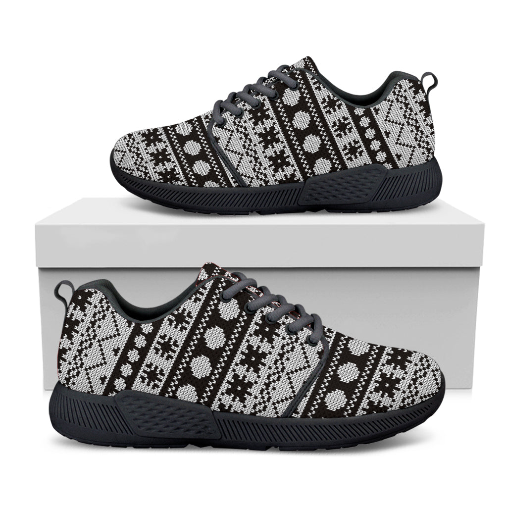 White And Black Knitted Pattern Print Black Athletic Shoes