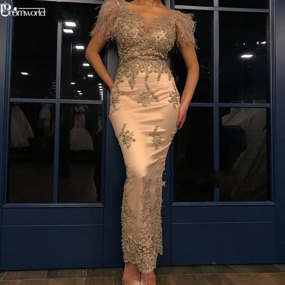 Abendkleider Gold Mermaid Formal Evening Dress robe de soiree Beaded Feathers Lace Prom Dresses Long Party Gowns 2022 abiye alx