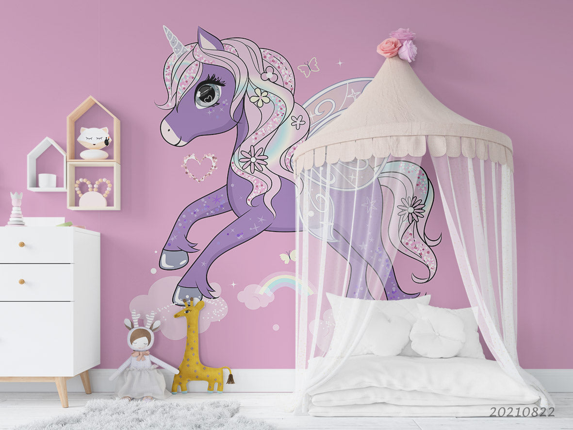 3D Cartoon Animal Unicorn Pink Wall Mural Wallpaper Lqh 421