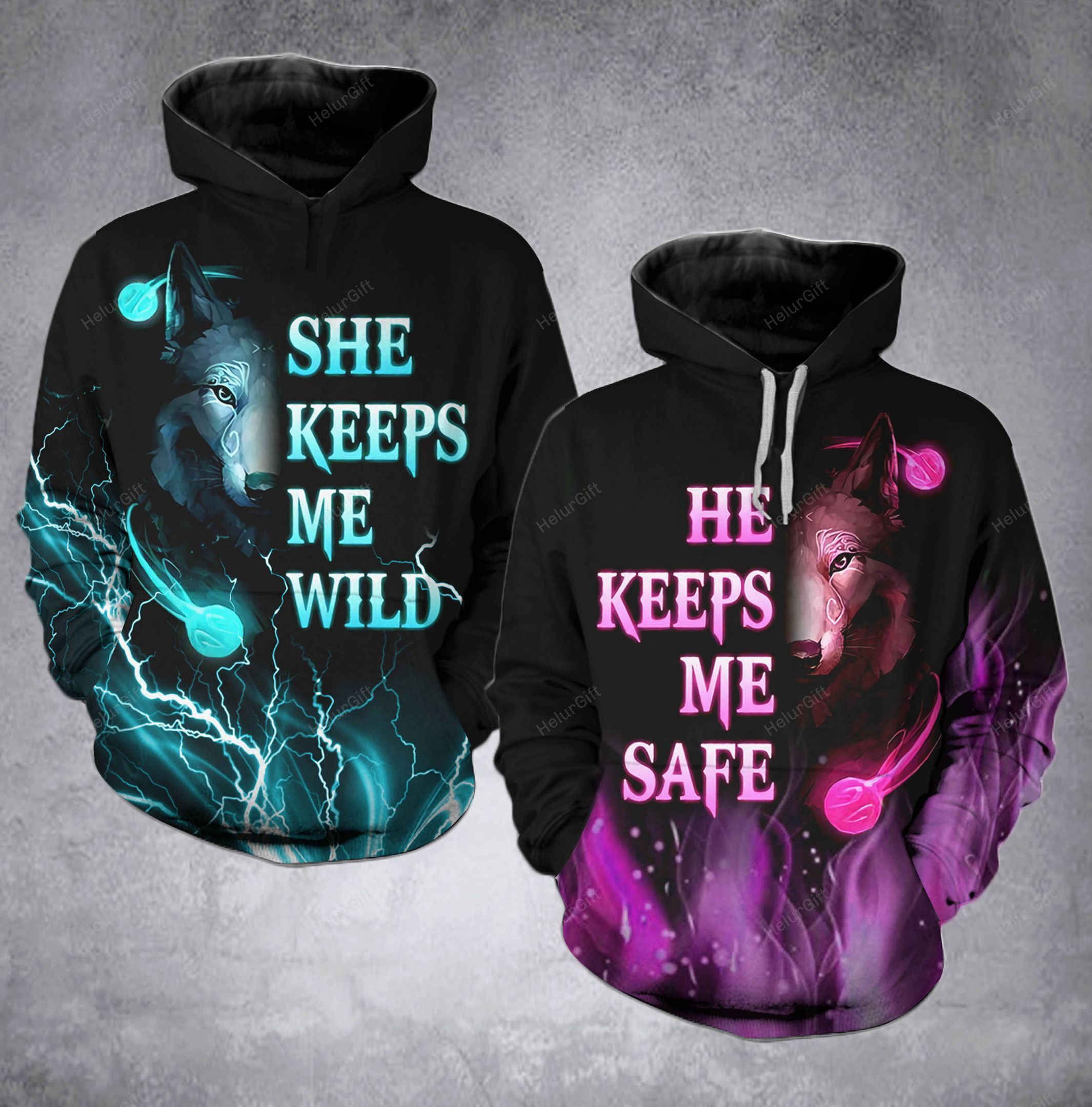 Wolf Wild Safe Cyan And Pink Couple Hoodie Set