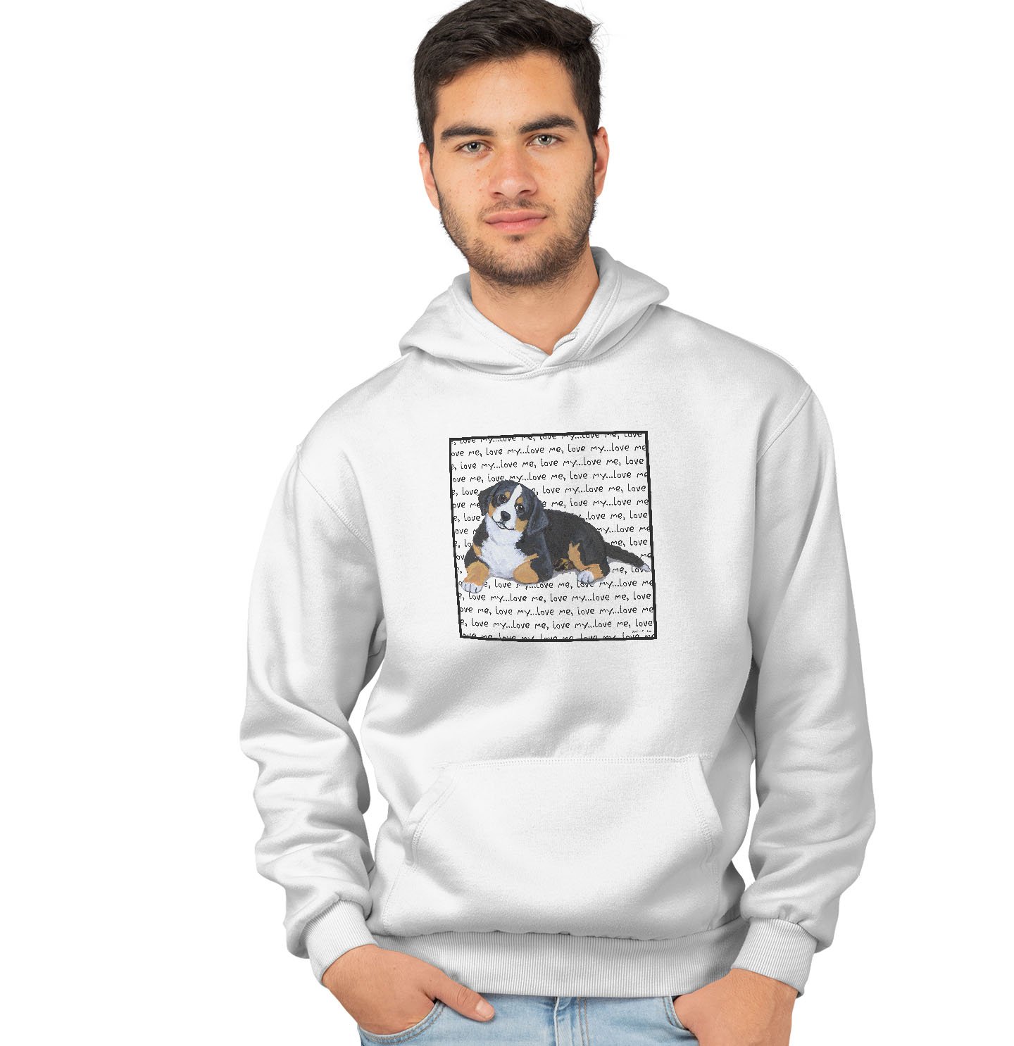 Bernese Mountain Dog Puppy Love Text – Adult Unisex Hoodie Sweatshirt