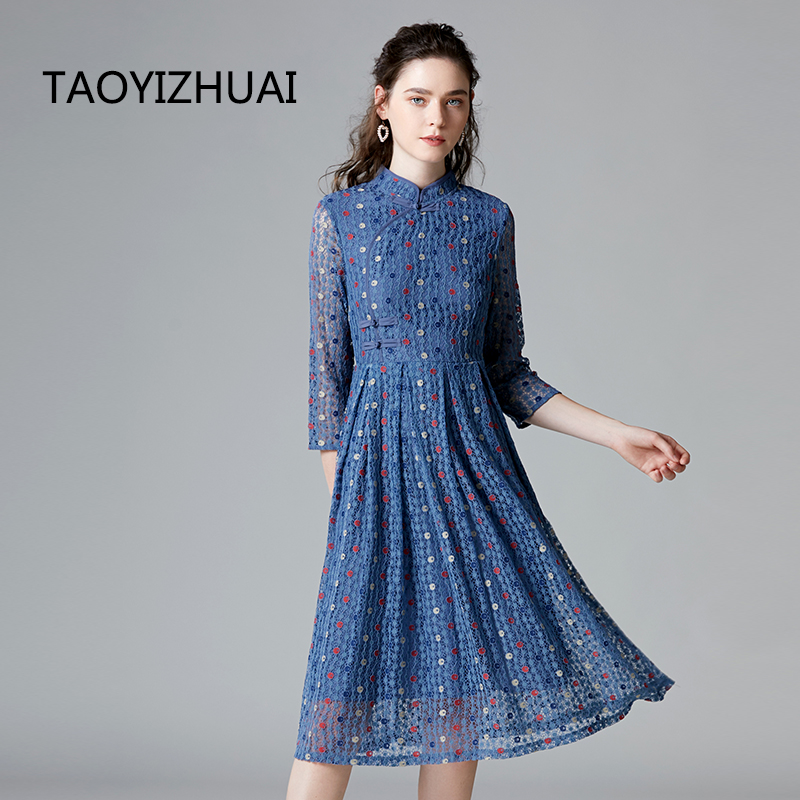 Spring Autumn Turn Down Collar Slim Fit Floral Lace Dress A-line Three Quarter Sleeve Plus Size Crochet Dresses For Women 2022 alx