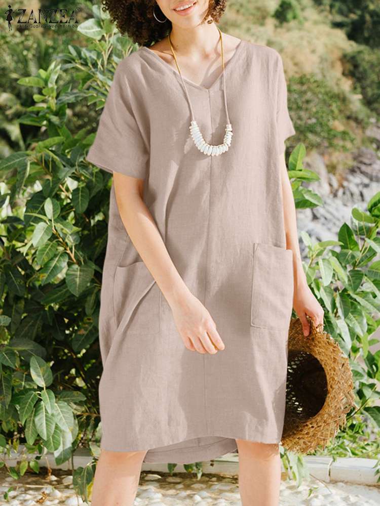 ZANZEA Summer V Neck Short Sleeve Sundress Women Vintage Beach Robe Femme Baggy Loose Dress Casual Solid Cotton Holiday Vestidos alx