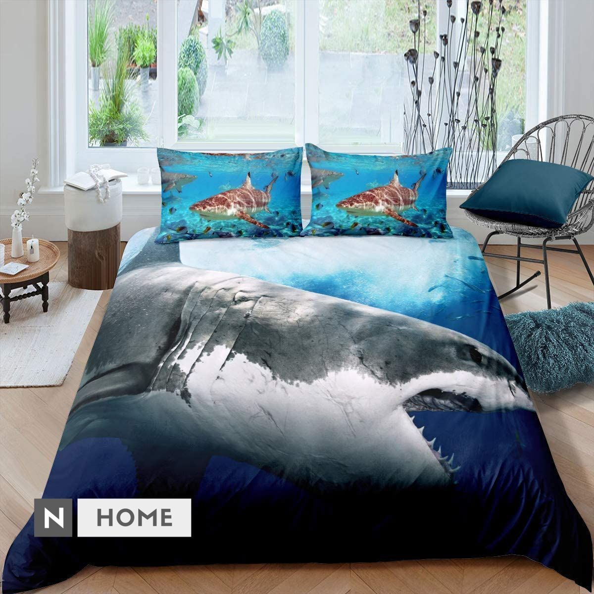 3D Shark Fish Bedding Queen 3 Piece Hawaiian Beach Theme Bedding Set