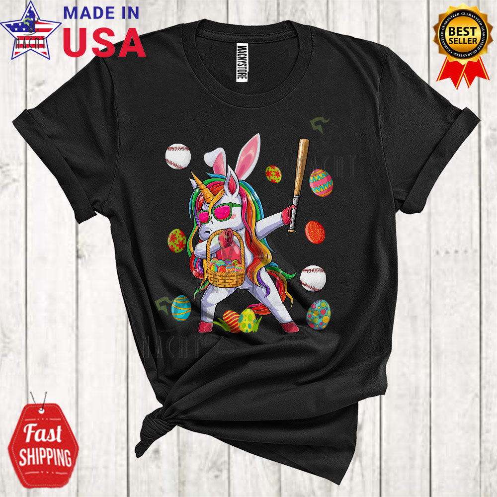 Dabbing Bunny Unicorn Playing Baseball Cute Funny Easter Egg Basket Sport Player Unicorn Lover T-Shirt