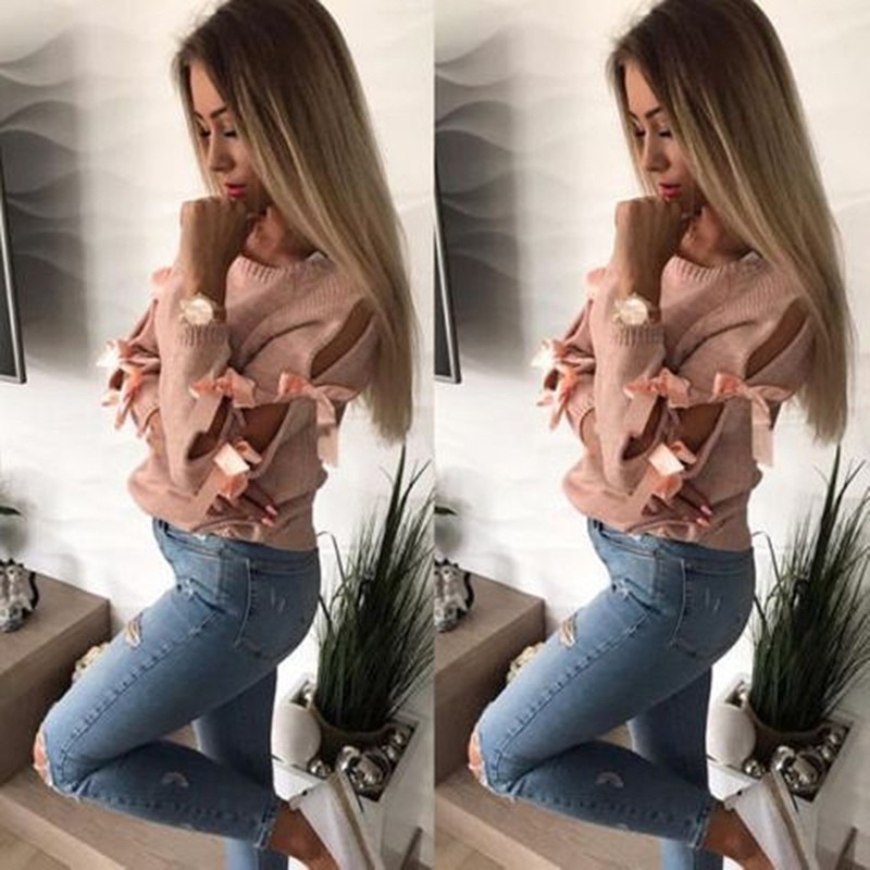 2022 Winter Women Knitted Pullover Lace Up Sweaters Casual Long Sleeve Hollow Out Bow Pull Femme Fashion Ladies Sweter alx