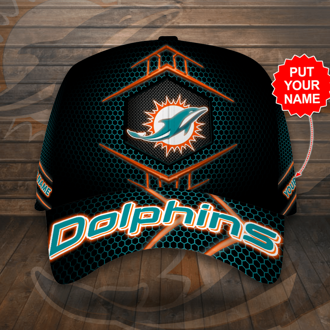 Personalized Miami Dolphins Beehive Hexagon Pattern All Over Print 3D Baseball Cap – Black Turquoise