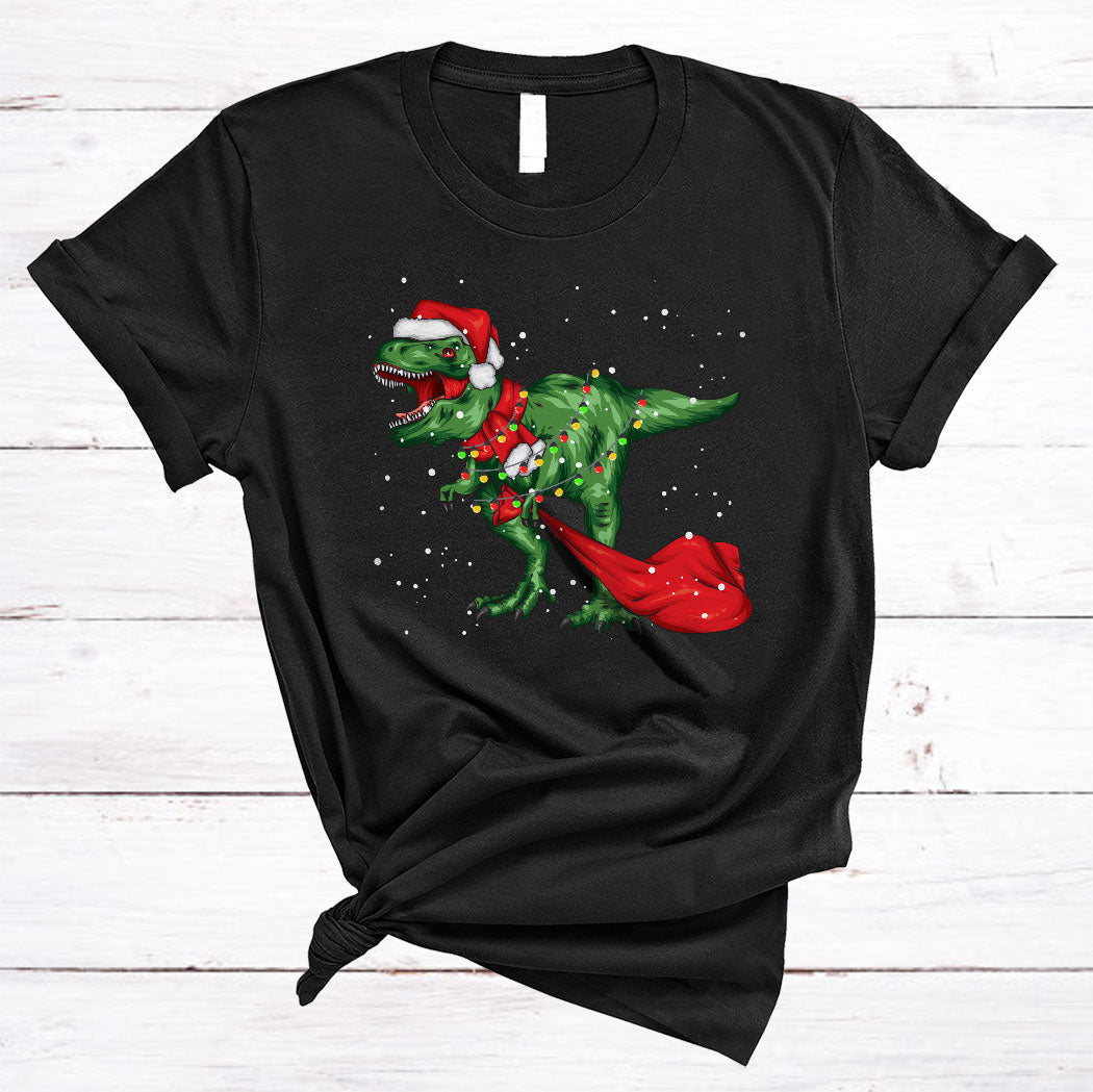 T-Rex Wearing Santa Hat Cute Christmas Lights Boys Kids Santa T-Rex Dinosaur Lover T-Shirt