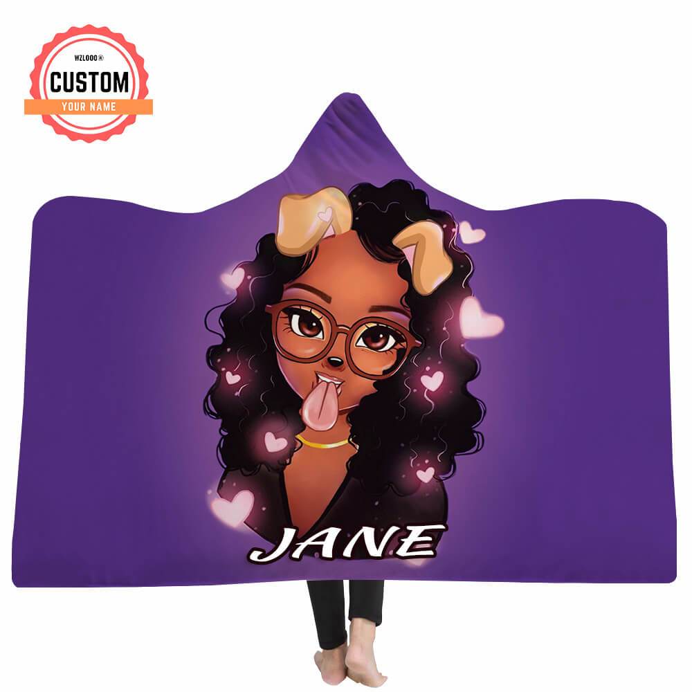 Black Girl Cartoon Puppy Custom Name Hooded Blankets