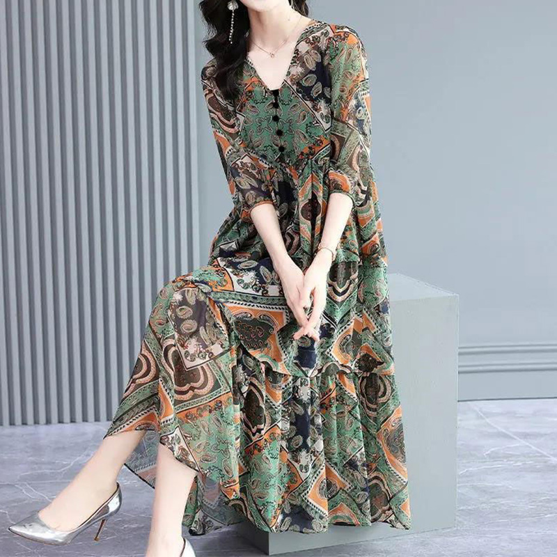 Vintage Elegant Floral Printing Button Chiffon Dresses Summer 2022 Half Sleeve V-Neck Loose Pullover Midi Dress Ladies Clothing alx