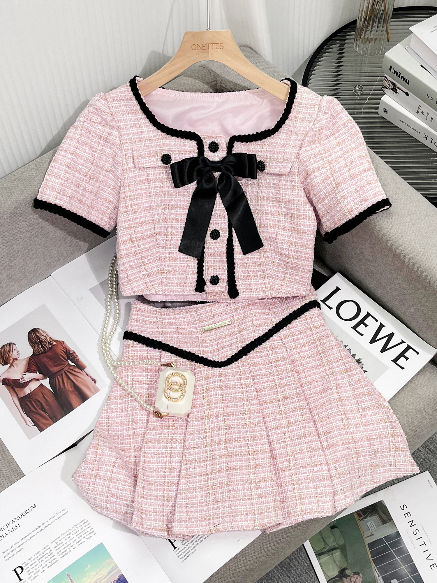 Vintage Classic Fashion Tweed Two Piece Set Women Outfits Sweet Bow Lace-up Crop Top+Pleated Skirt Suits Female Y2k 2 Piece Set alx