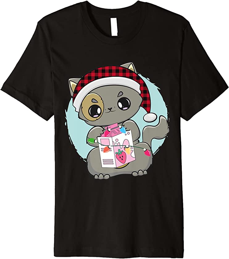 Cat Kitten Chibi Anime Neko Strawberry Milk Kawaii Red Plaid Premium T-Shirt