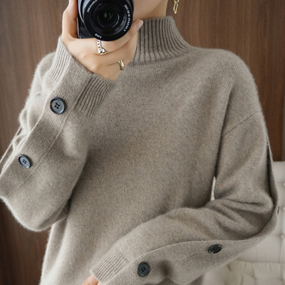 2022 Autumn Winter New Cashmere sweater Women’s Half High Collar Solid Color Korean Loose Pullover Thick Wool Knitted Sweater alx