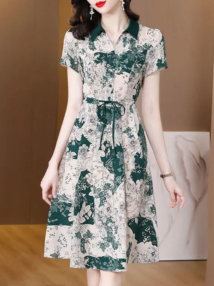 Summer Print Elegant Fashion Aesthetic Chic Dress Women Short Sleeve Floral Sweet Vintage Vestidos De Fiesta Casual Robe Femme alx