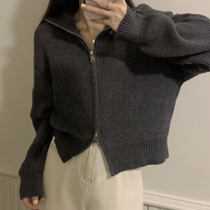 2022 Spring And Autumn New Stand Collar Pit Strip Sweater Women’s Short Knitted Cardigan Small Jacket Zipper Cardigan Korean Top alx