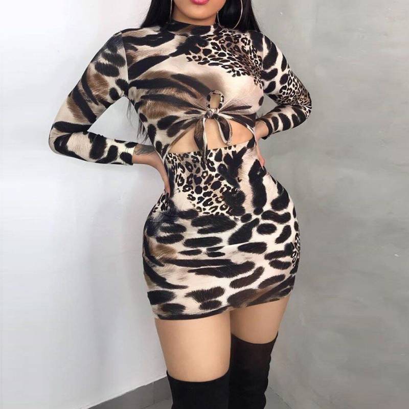 Slim Long Sleeve High Waist O-Neck Sexy Leopard Dress