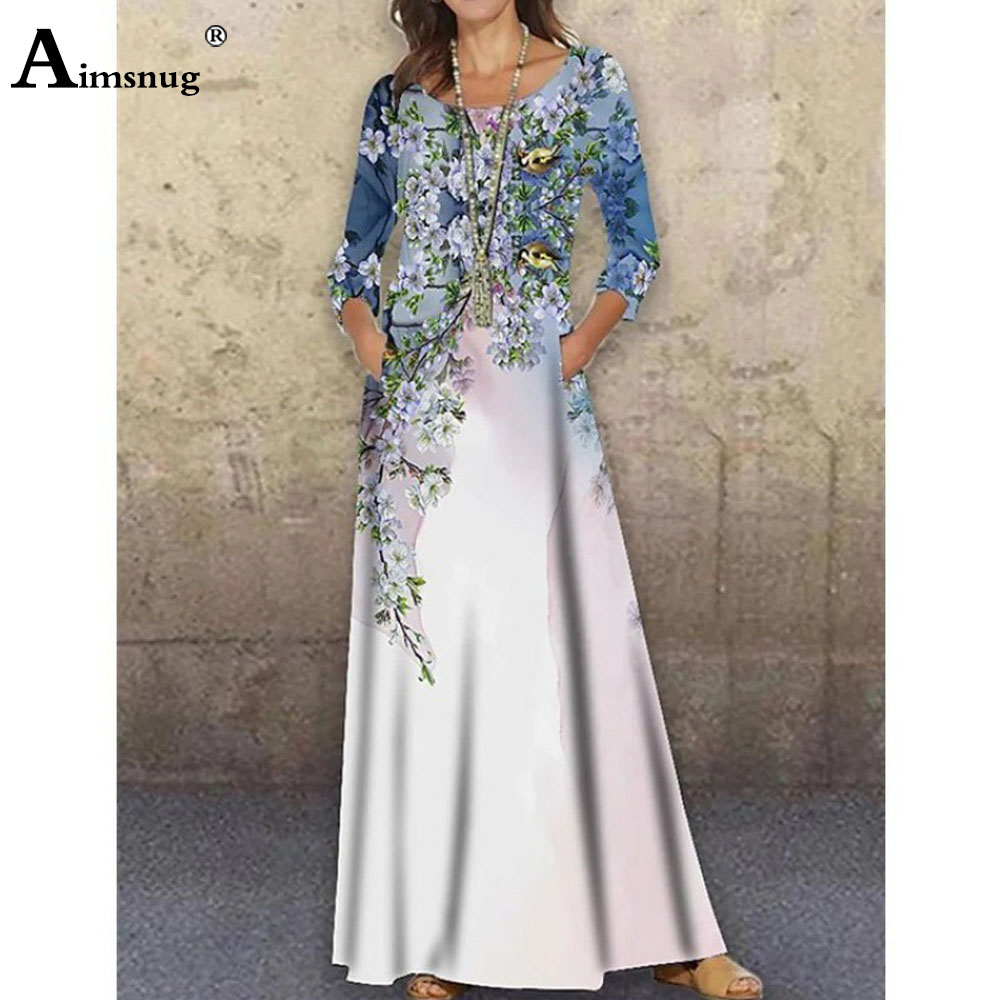 Aimsnug 2022 Spring Bohemian Flower Print Dresses Women Long-sleeved Maxi Dress Oversized 3XL Ladies Vintage A-Line Dress Femme alx