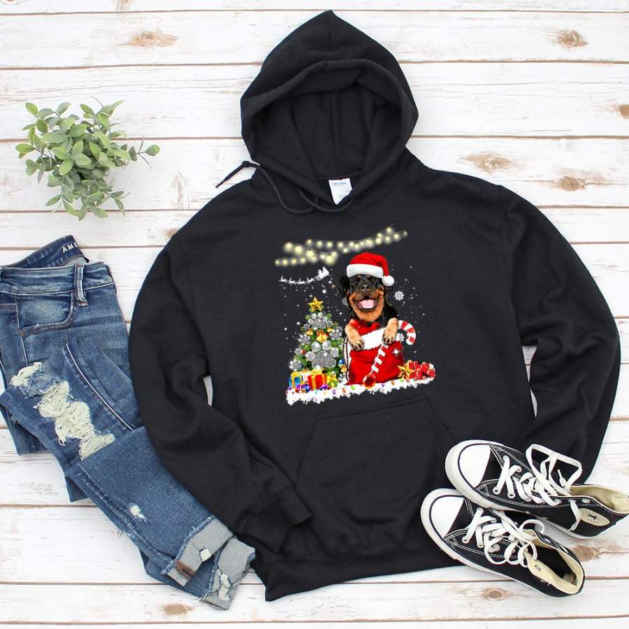 Christmas cute rottweiler merry christmas dog wearing santa hat candy cane paw print dog colorful light dog lovers gift black hoodie for men and women S-5XL