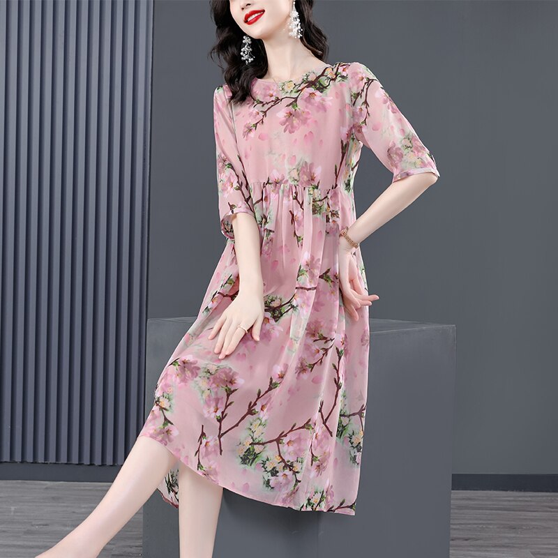 Women Pink Floral Mulberry Silk Midi Dress Summer New Elegant Loose Waist Plus Size Dress 2022 Korean Vintage Casual Party Dress alx