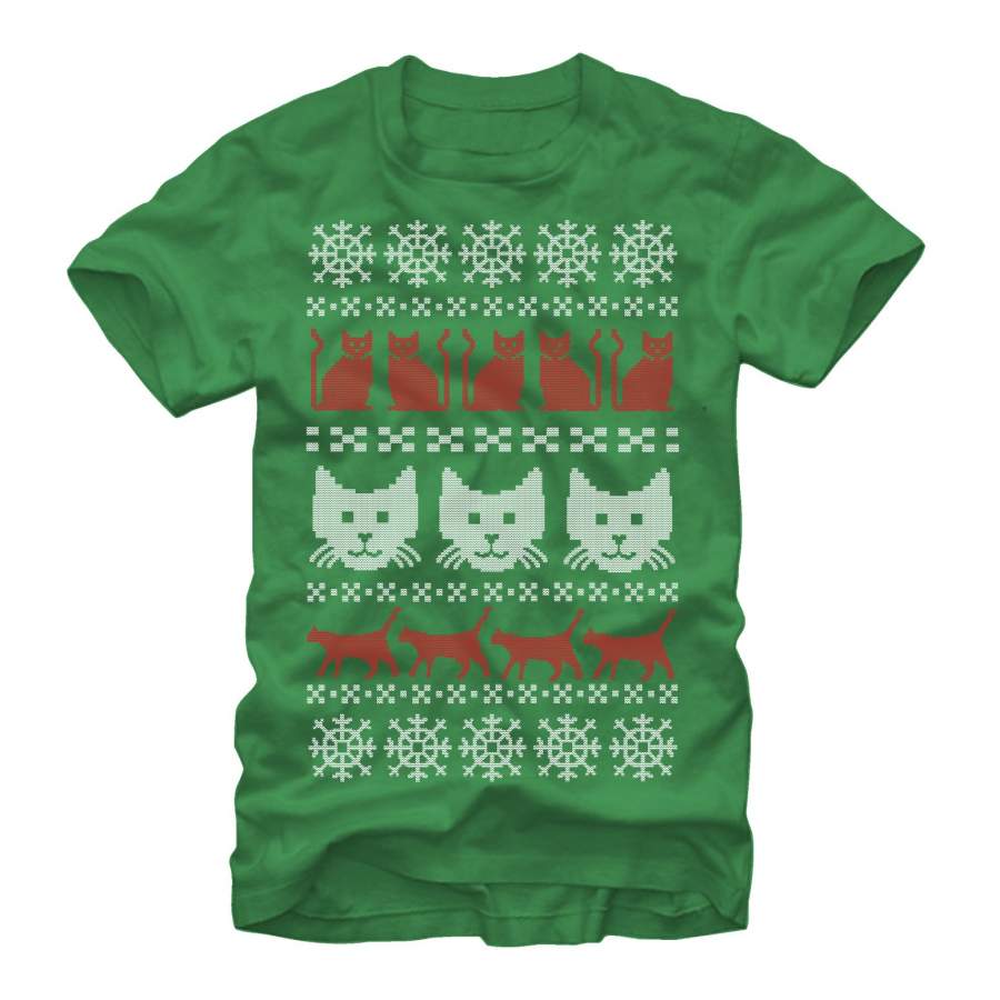 Lost Gods Men’s Ugly Christmas Cat  T Shirt Kelly