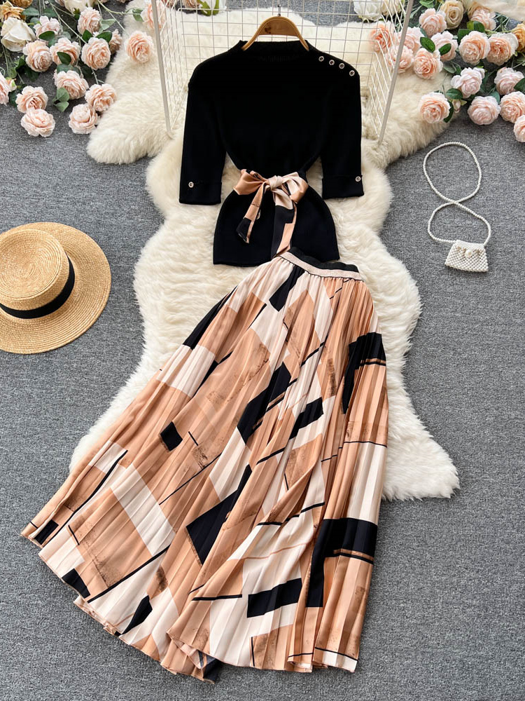 Autumn Plaid Pleated Slim Stretch Two Piece Set Women Buttons Deco Knitted Sweater Pullover Top +Sashes Maxi Skirts Suits Female alx