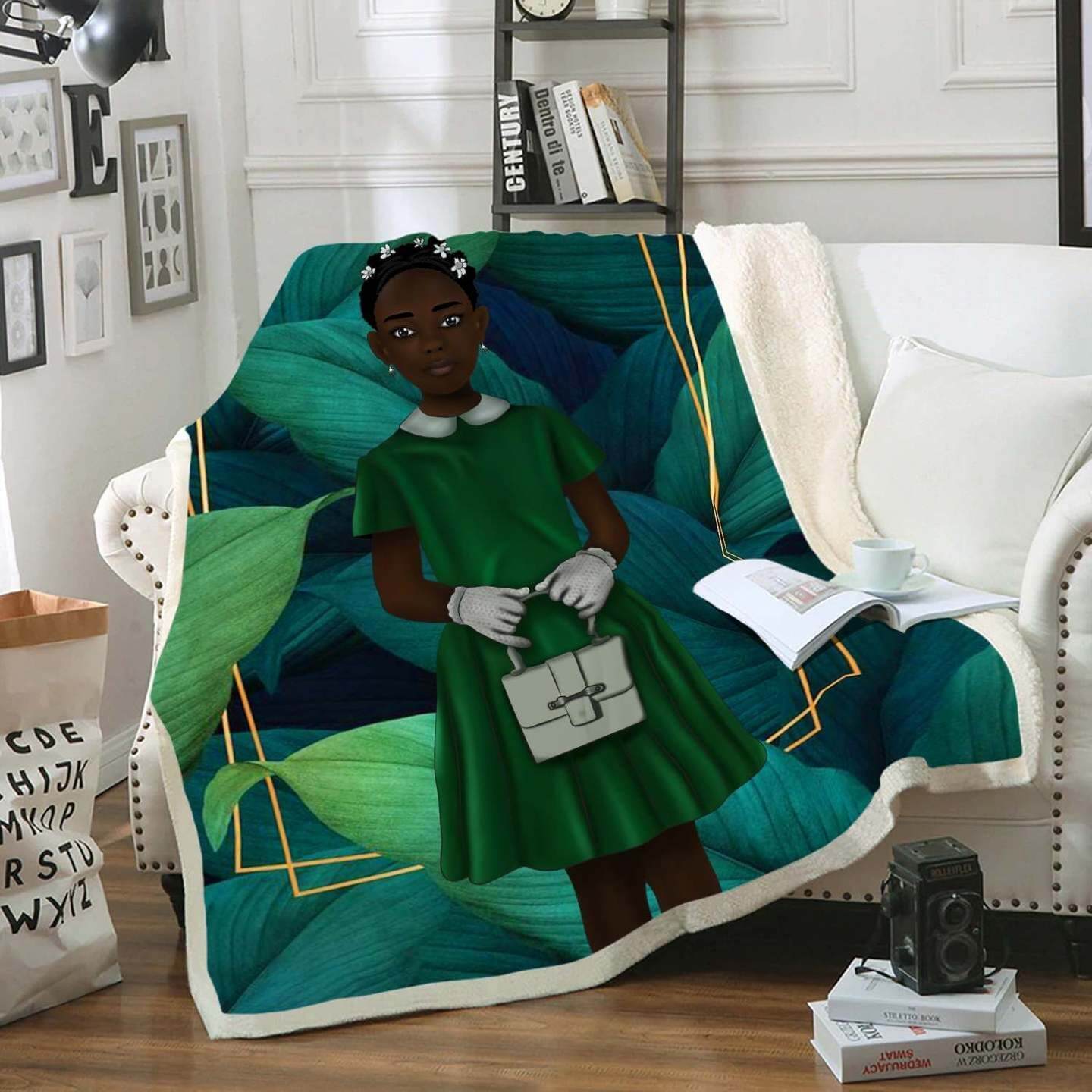 African American Blanket Kid Art Fleece Blanket Royal Twists Hair Black Girl Kid Green