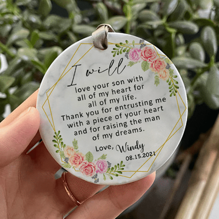 Personalized I Will Love Your Son With All Of My Heart For All Of My Life Circle Ornament Porcelain Ceramic Home Decorations Ornament Pendant Gifts For Christmas Tree Decor