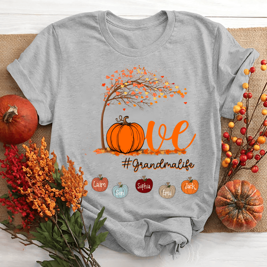 Love Grandma Pumpkin Fall Kids Names Shirt