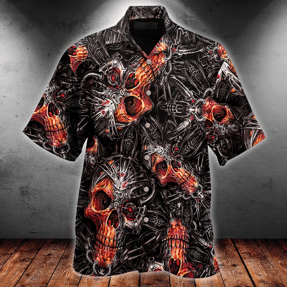 Mechanic Skull With Fire Hawaii Aloha Shirts Dh Ha37171