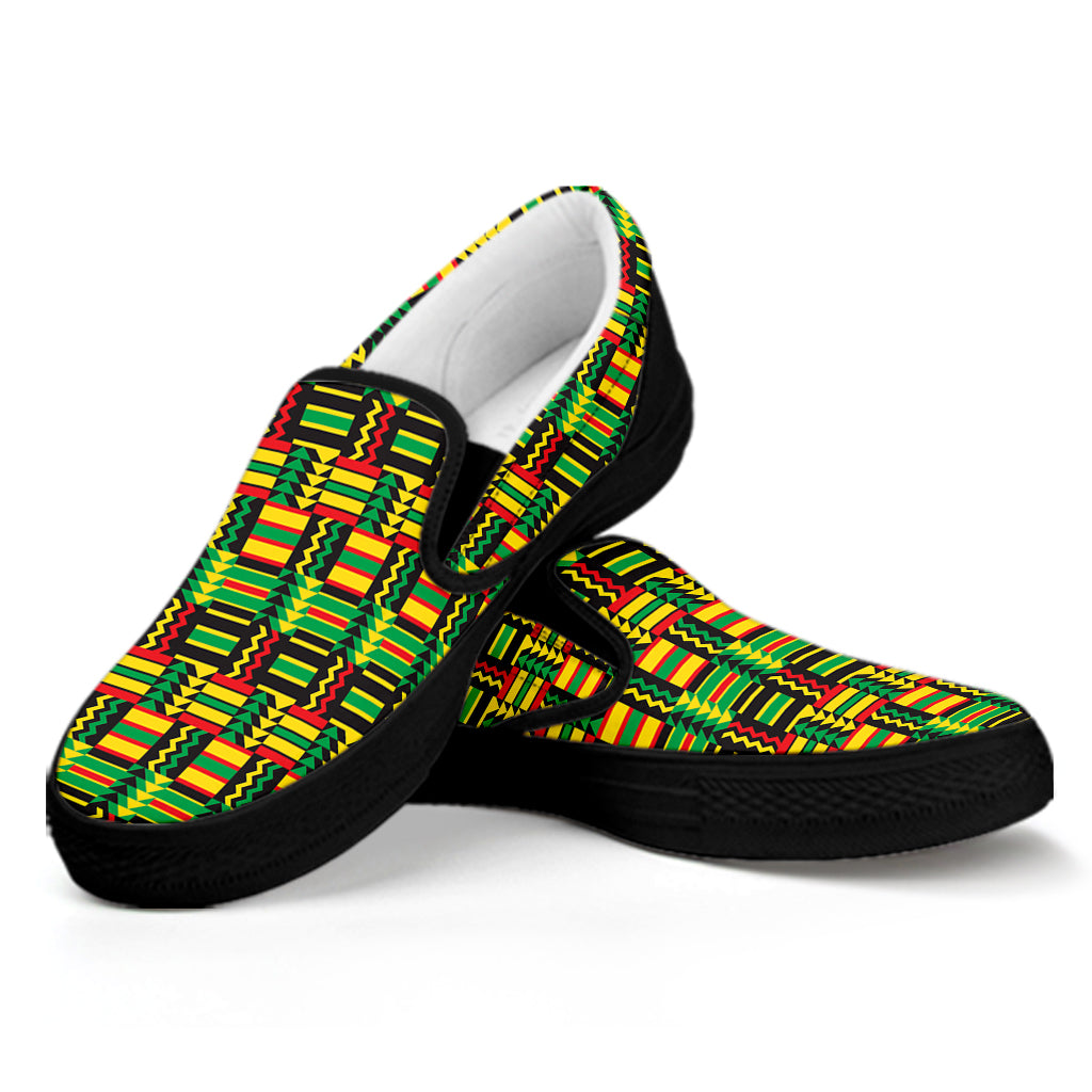 West African Kente Tribal Pattern Print Black Slip On Shoes