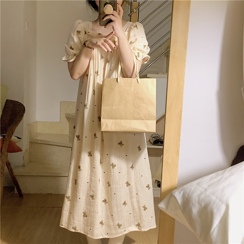 Summer New Sleepwear Dress Women Square Collar Cotton Short Sleeve Nightgown Cute Cartoon Bear Home Clothes Dress Polka Dot D406 alx