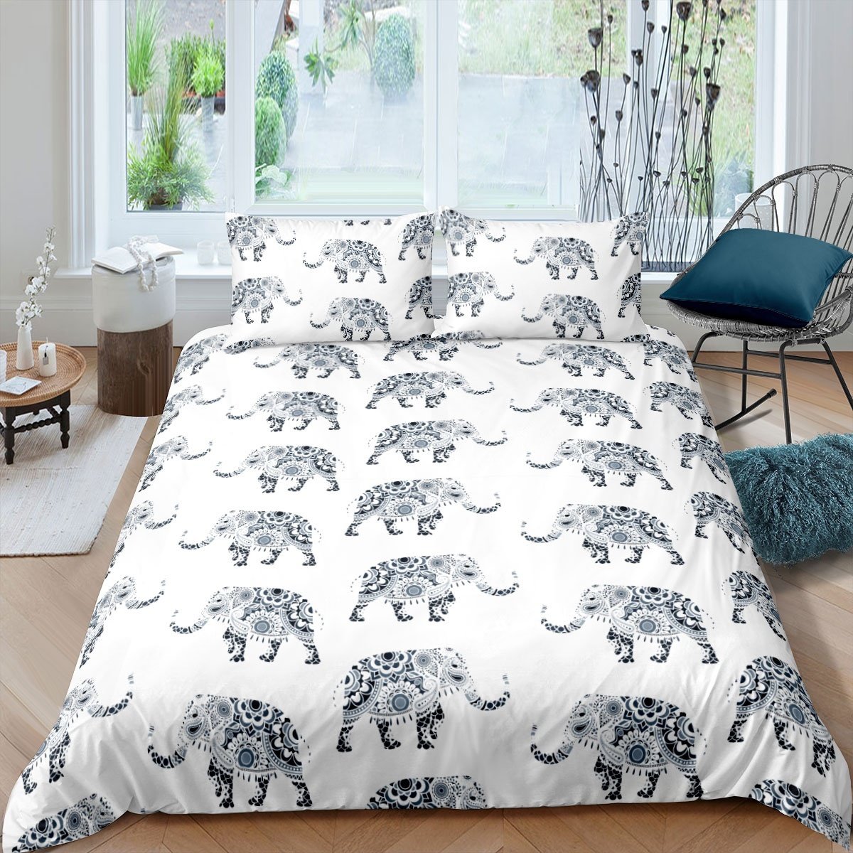 Bohemian Elephant Duvet Cover Set Kids Adults Boho Exotic Style Bedding Set Wild Animal Pattern Comforter Cover Ethnic Elephant Print Quilt Cover,Room Decor 2/3Pcs Bedding