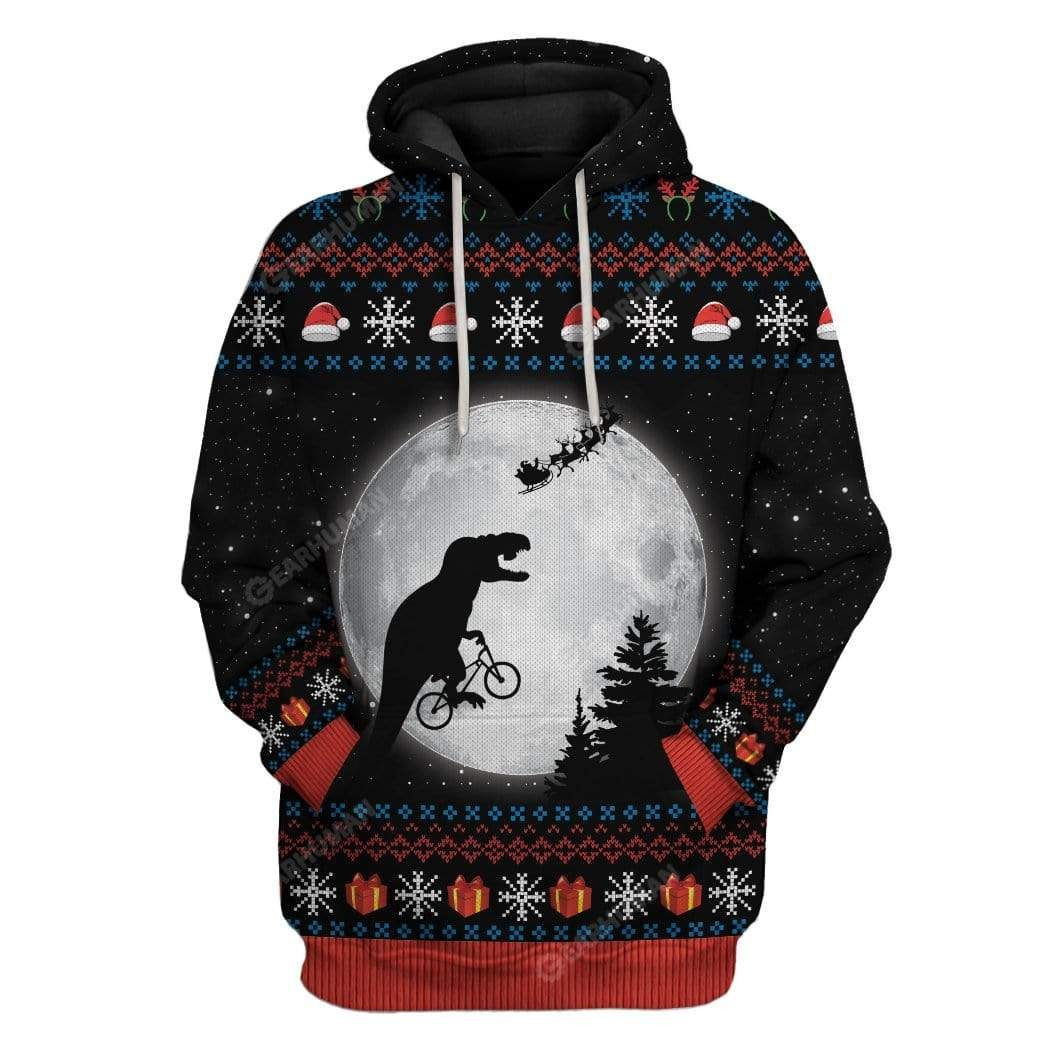 Ugly T Rex Chasing Santa To The Moon Custom Hoodie T-Shirts Apparel