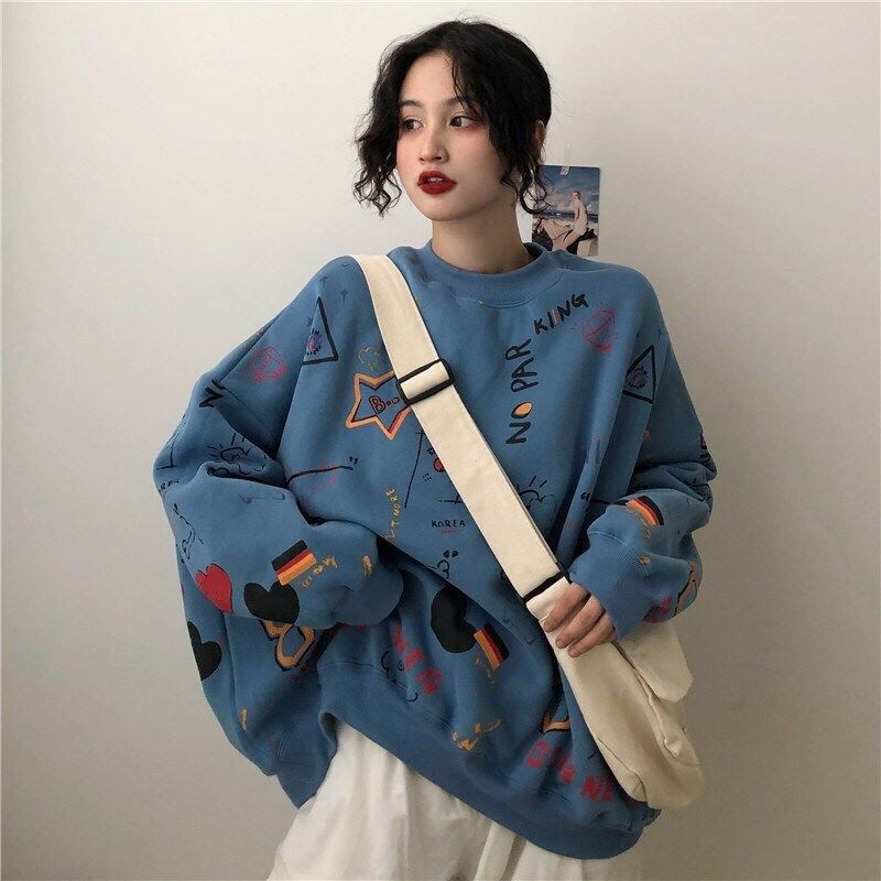 Autumn Winter 2021 New Women’s Sweetshirts Korean Cartoon Print Casual Loose Long Sleeves Harajuku Hoodie Kawaii Couples Clothes alx