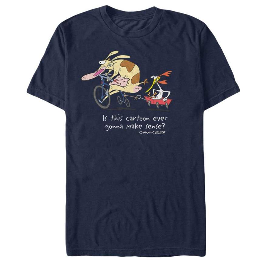 Cow and Chicken Men’s Cartoon Makes Sense  T Shirt Navy Blue S