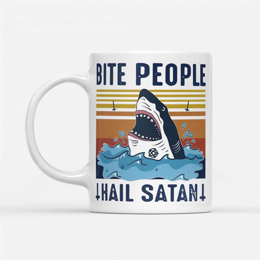 Shark Bite People Hail Satan Vintage Retro – White Mug