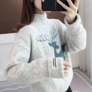 Autumn Winter Thickened Half High Collar Sweater Women Korean Pullover Embroidery Cartoon Knitted Jumper Female Long Sleeves Top alx