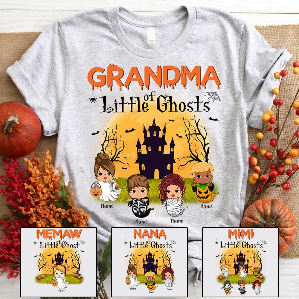 Grandma Little Ghosts Moon And Haunted House Shirt, Grandma Halloween Shirt, Custom Grandma With Grandkids Name Shirt