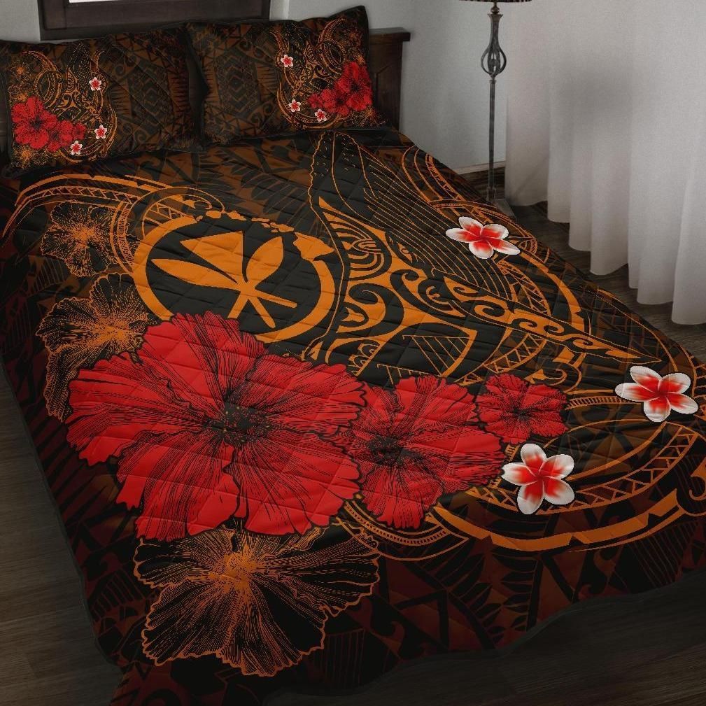 Alohawaii Home Set – Quilt Bed Set Polynesian Hawaii Kanaka Maoli – Humpback Whale With Hibiscus (Golden) – Bn15